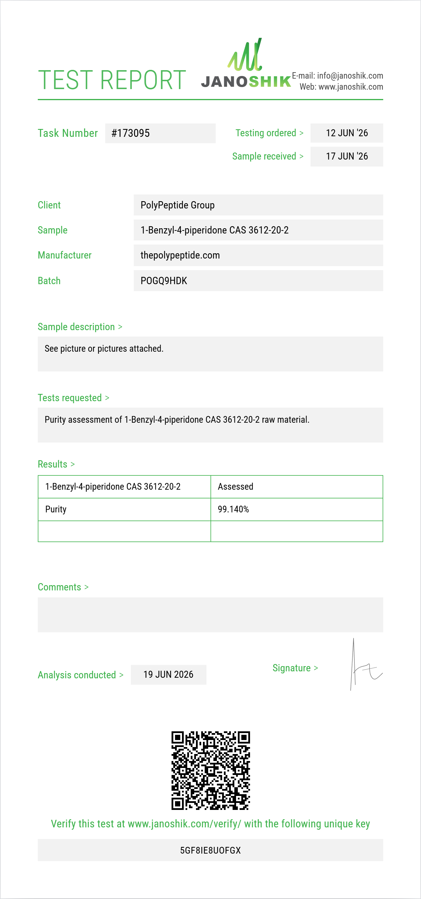 1-Benzyl-4-piperidone CAS 3612-20-2 Purity (HPLC) report by Janoshik Analytical
