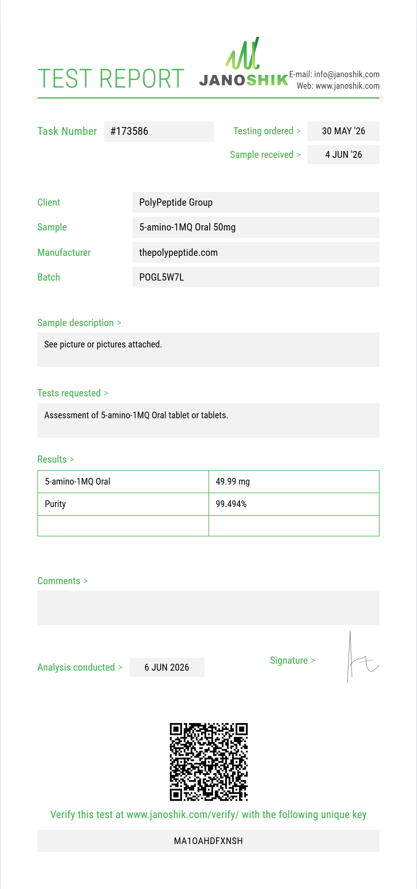 5-amino-1MQ Oral Purity (HPLC) report by Janoshik Analytical