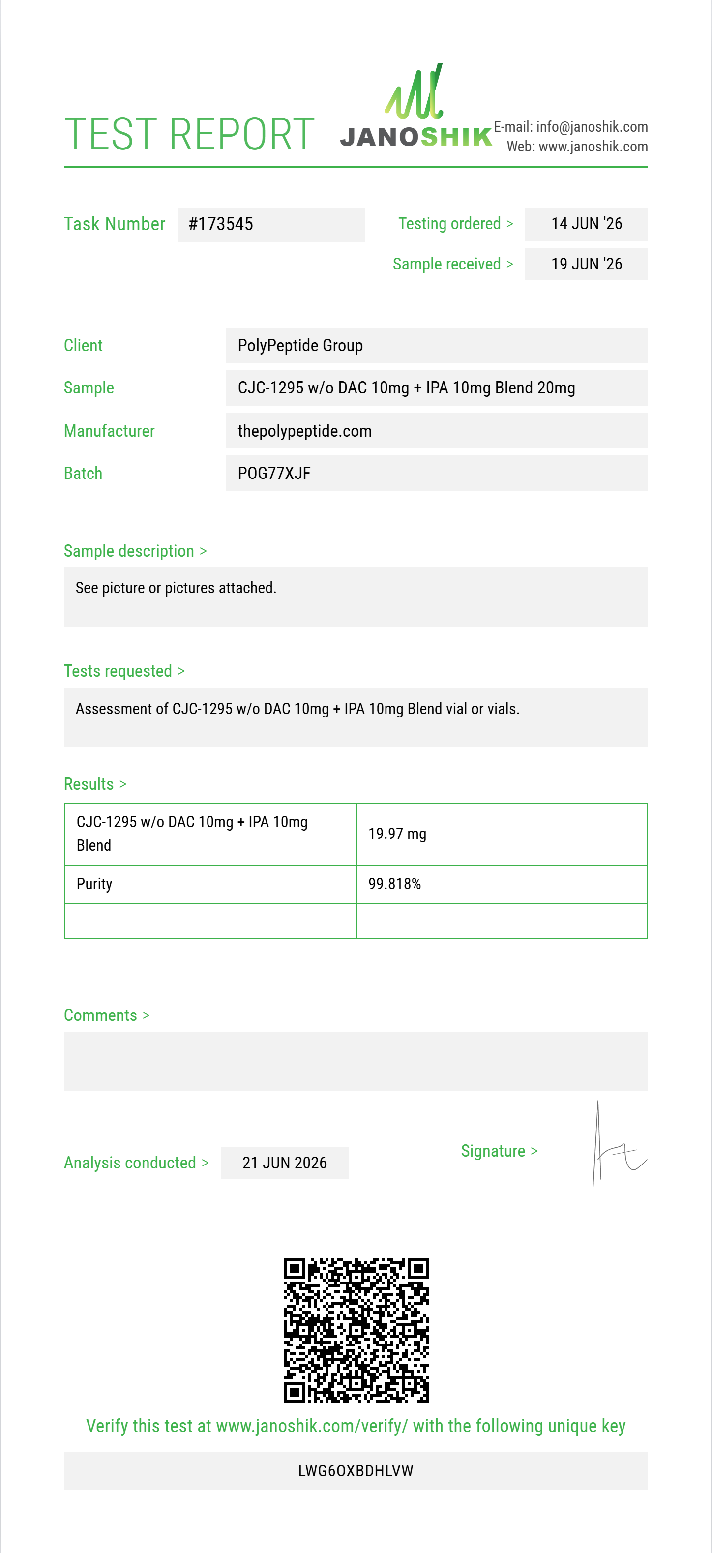 CJC-1295 w/o DAC 10mg + IPA 10mg Blend Purity (HPLC) report by Janoshik Analytical
