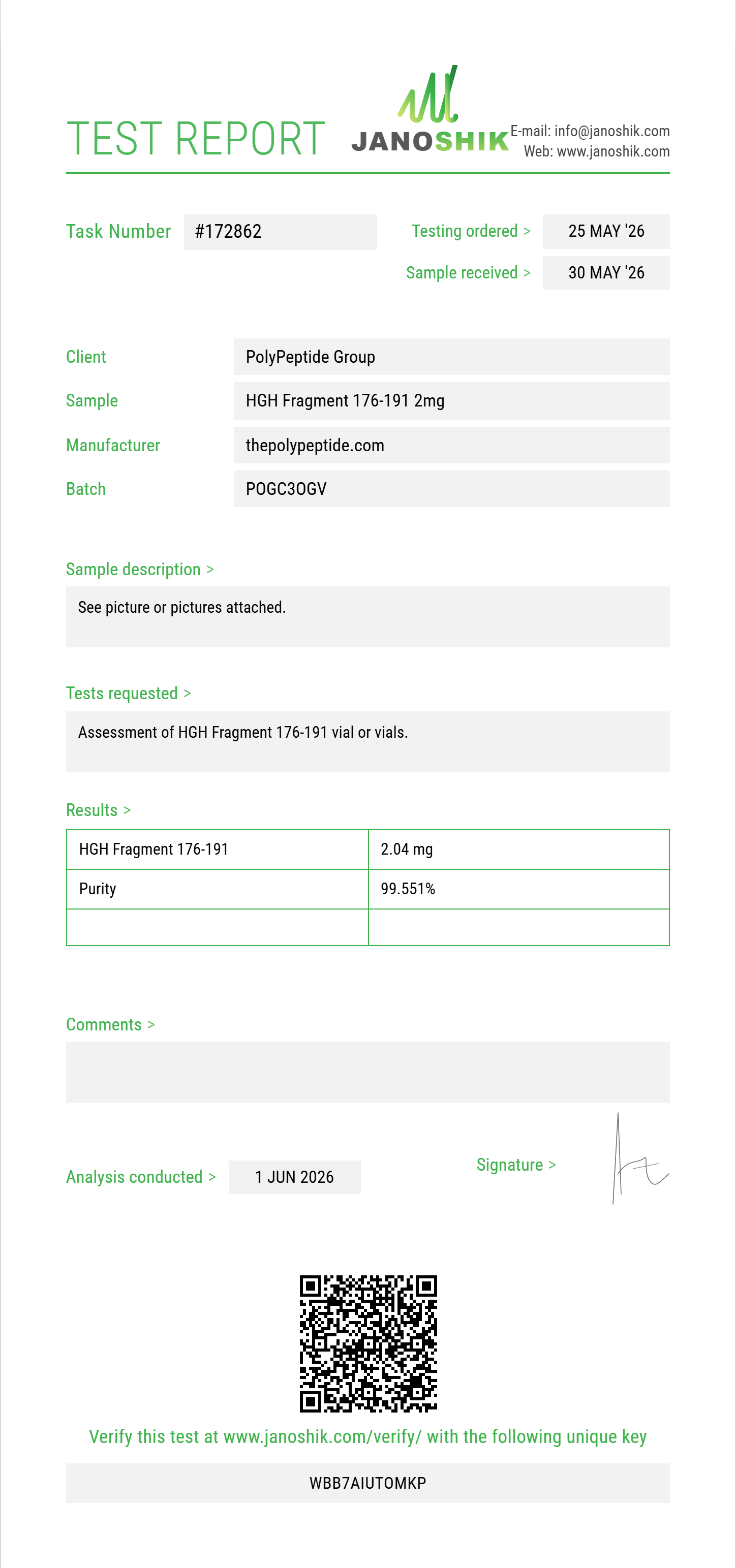HGH Fragment 176-191 Purity (HPLC) report by Janoshik Analytical