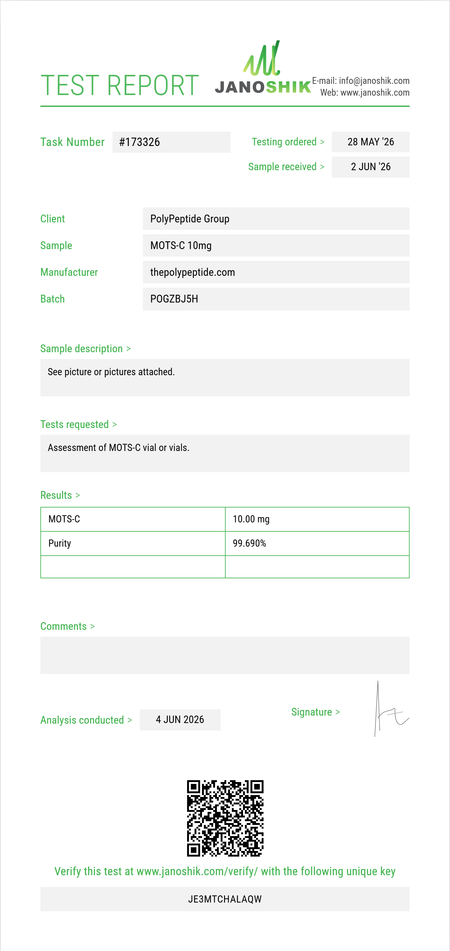 MOTS-C Purity (HPLC) report by Janoshik Analytical