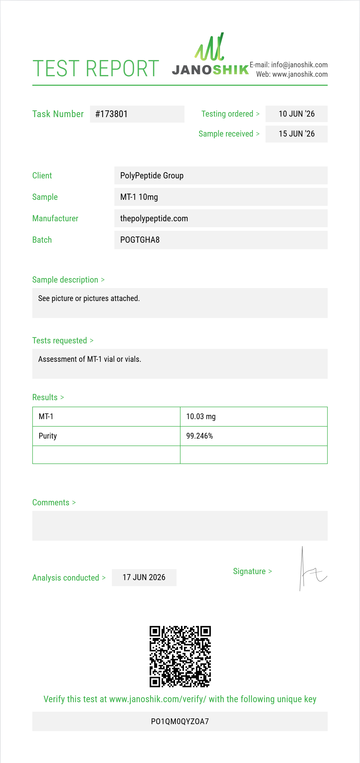 MT-1 Purity (HPLC) report by Janoshik Analytical