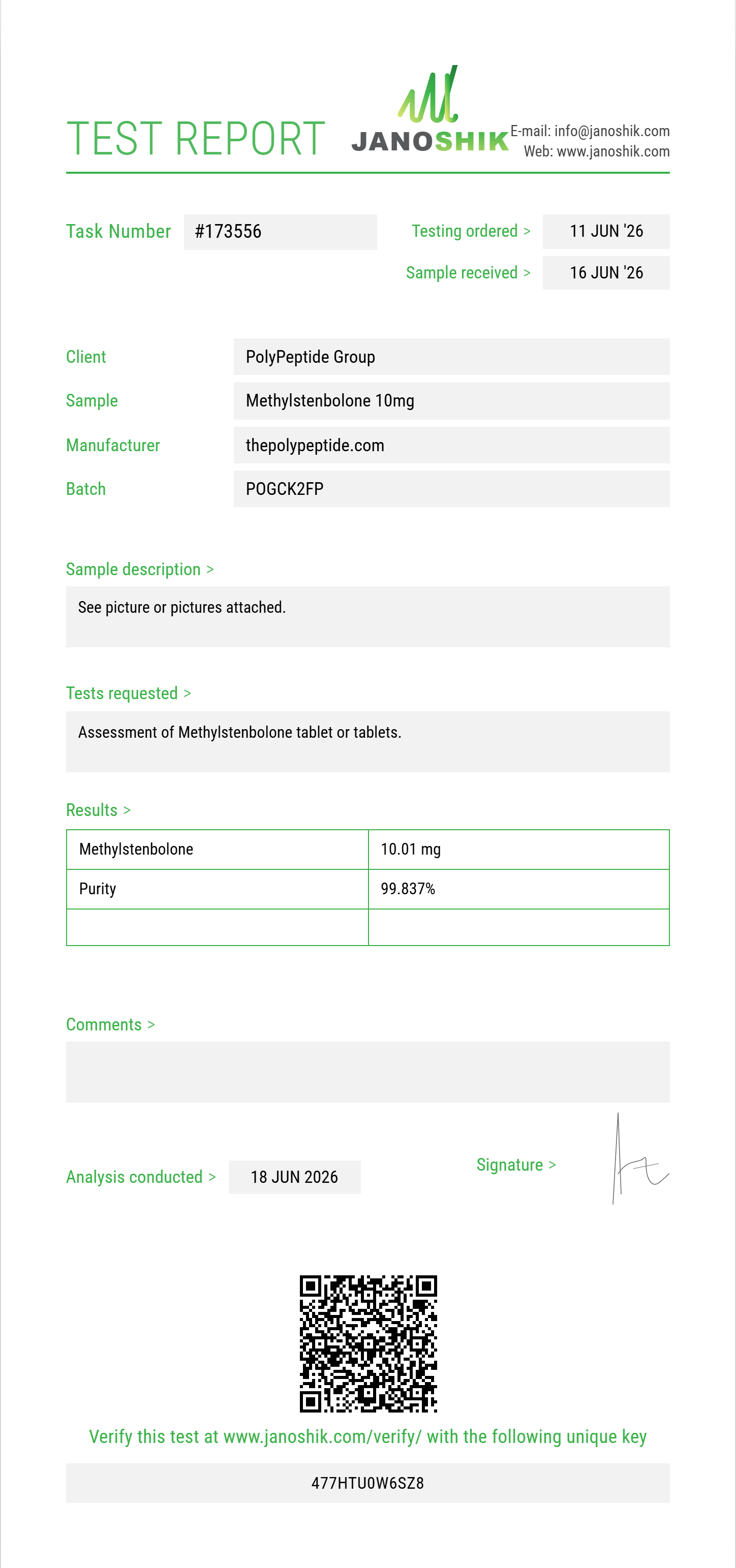 Methylstenbolone Purity (HPLC) report by Janoshik Analytical