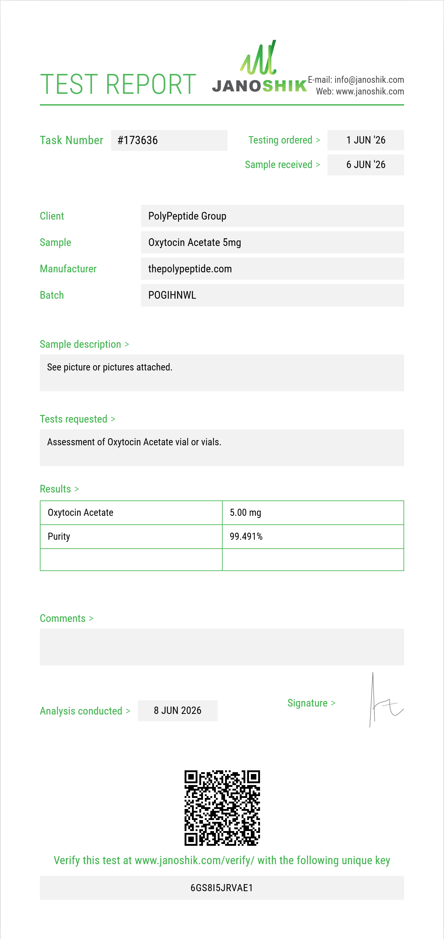 Oxytocin Acetate Purity (HPLC) report by Janoshik Analytical