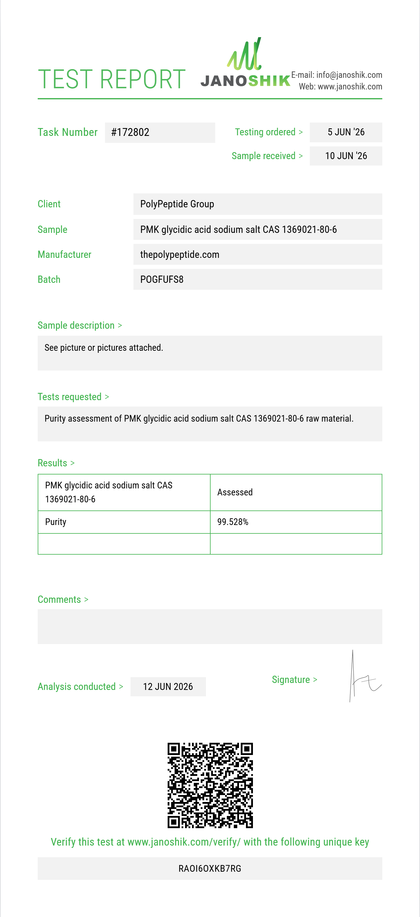 PMK glycidic acid (3,4-MDP-2-P methyl glycidic acid / sodium salt) CAS 1369021-80-6 Purity (HPLC) report by Janoshik Analytical