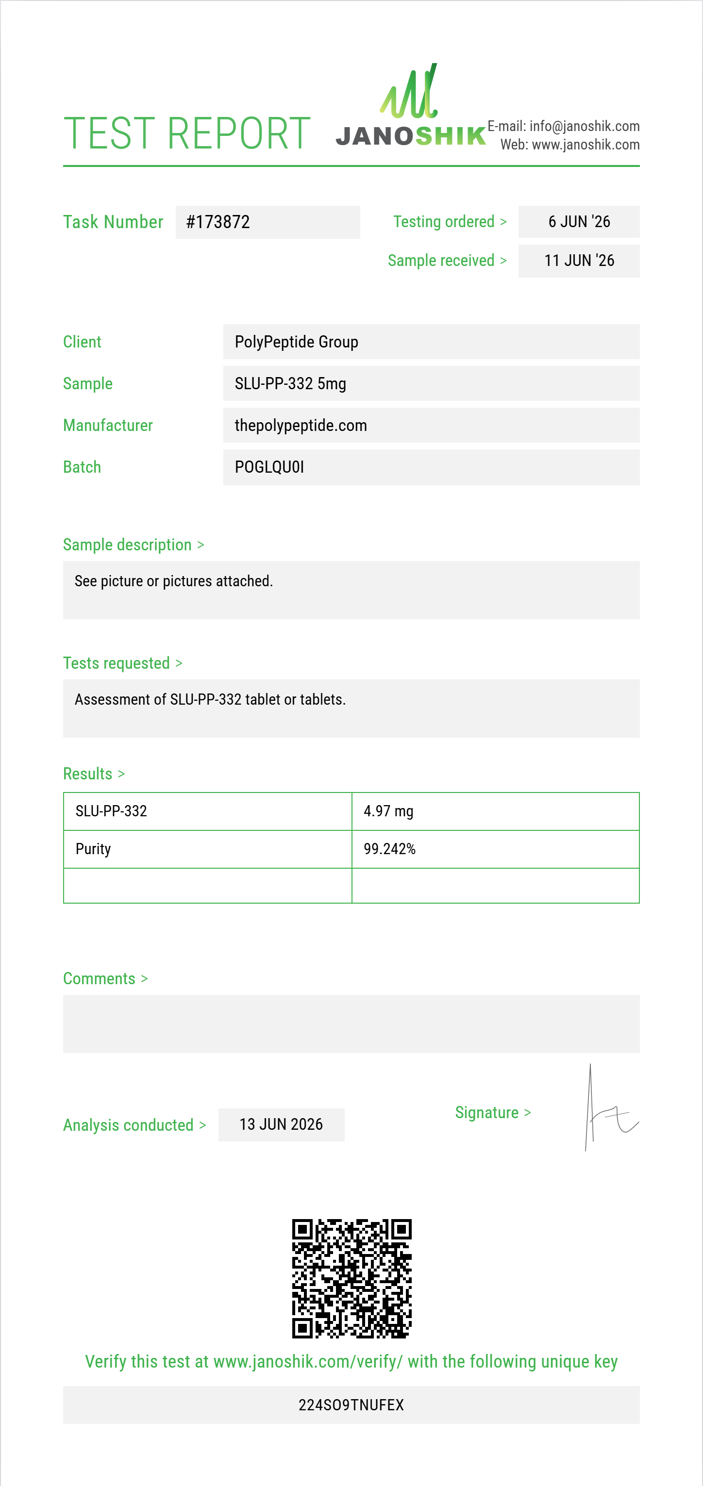 SLU-PP-332 Purity (HPLC) report by Janoshik Analytical