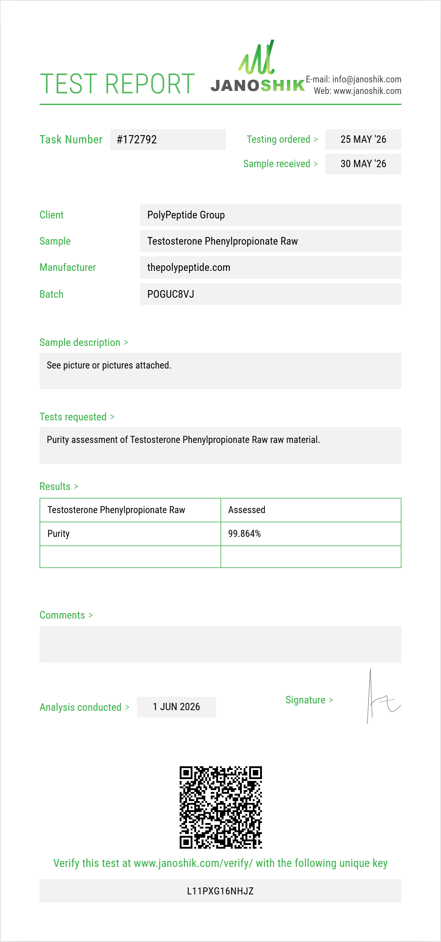 Testosterone Phenylpropionate Raw Purity (HPLC) report by Janoshik Analytical