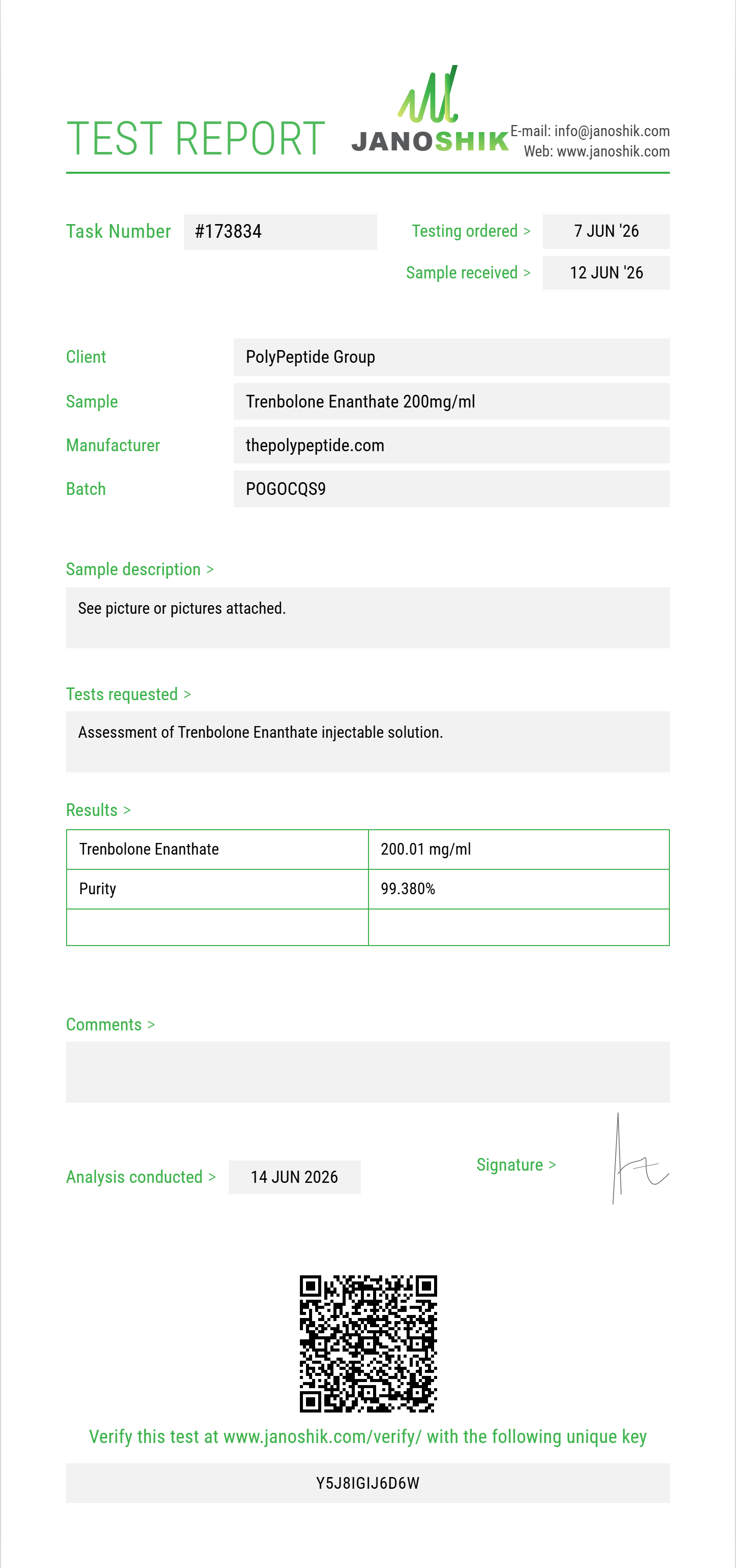 Trenbolone Enanthate Purity (HPLC) report by Janoshik Analytical