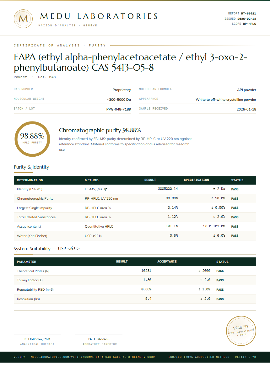 EAPA (ethyl alpha-phenylacetoacetate / ethyl 3-oxo-2-phenylbutanoate) CAS 5413-05-8 Purity (HPLC) report by Medu Laboratories