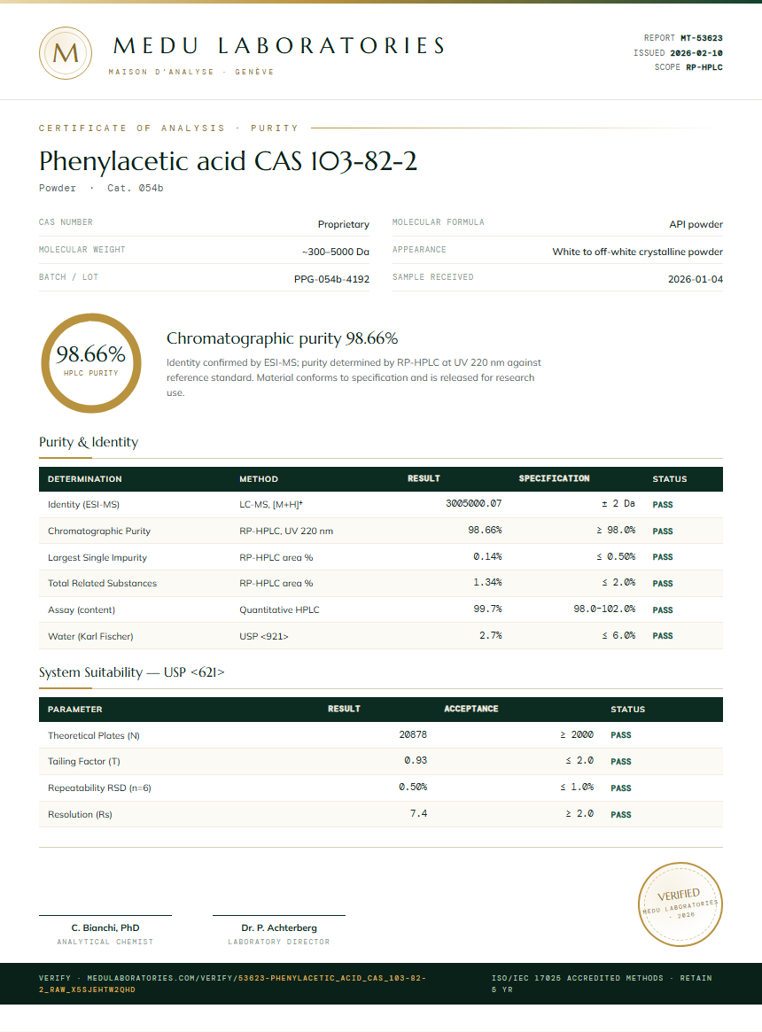 Phenylacetic acid CAS 103-82-2 Purity (HPLC) report by Medu Laboratories
