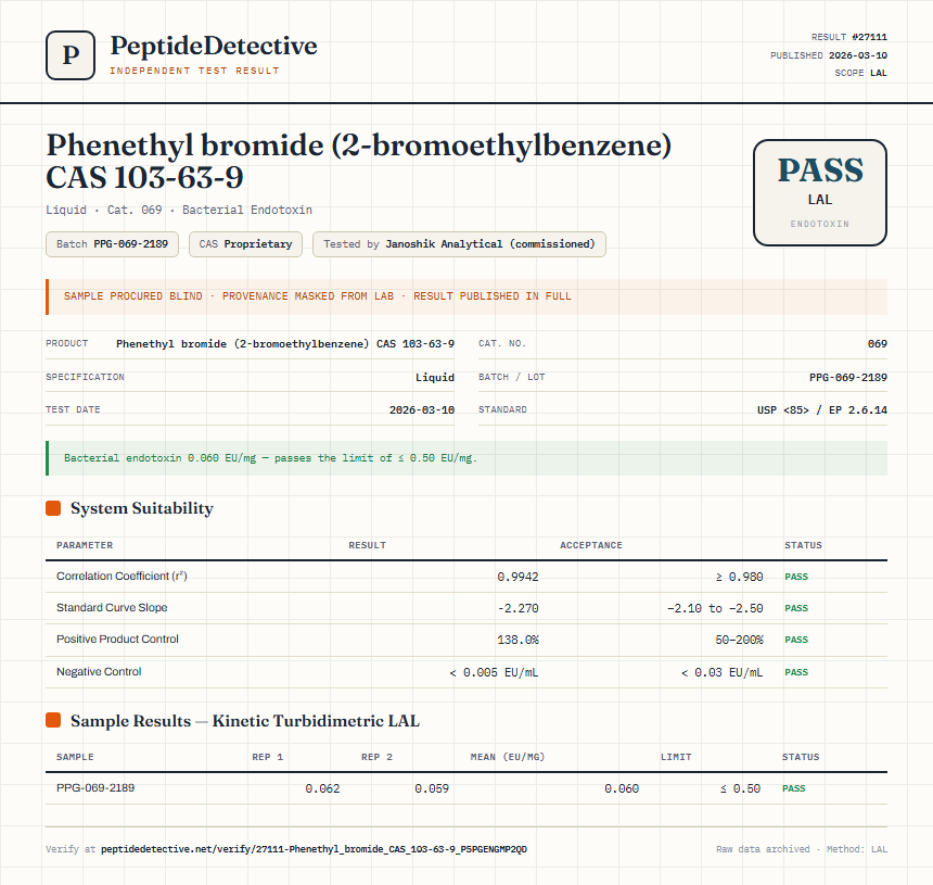 Phenethyl bromide (2-bromoethylbenzene) CAS 103-63-9 Endotoxin report by PeptideDetective