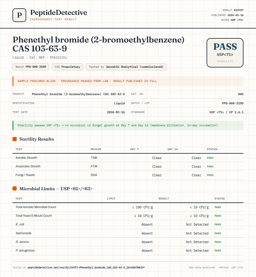 Phenethyl bromide (2-bromoethylbenzene) CAS 103-63-9 Sterility report by PeptideDetective