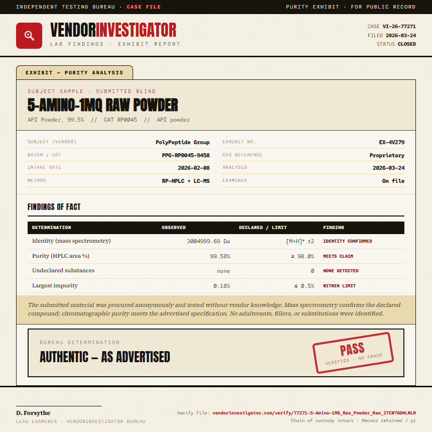 5-Amino-1MQ Raw Powder Purity (HPLC) report by VendorInvestigator