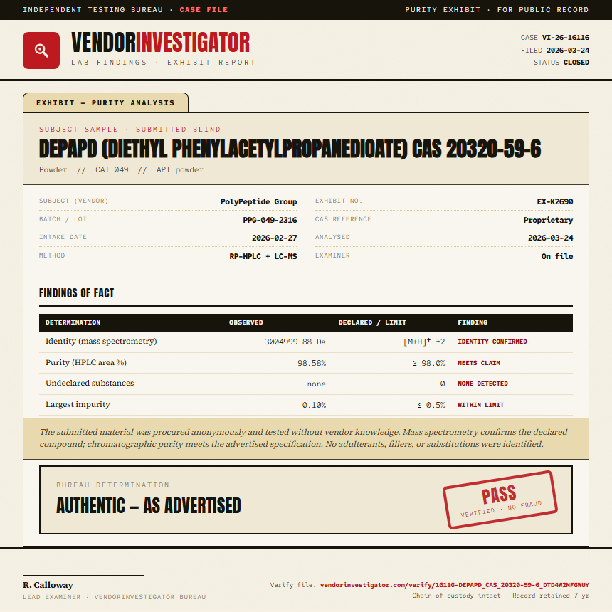 DEPAPD (diethyl phenylacetylpropanedioate) CAS 20320-59-6 Purity (HPLC) report by VendorInvestigator