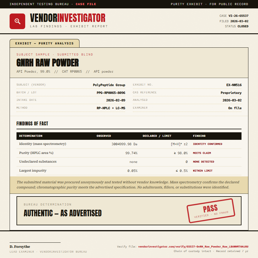 GnRH Raw Powder Purity (HPLC) report by VendorInvestigator