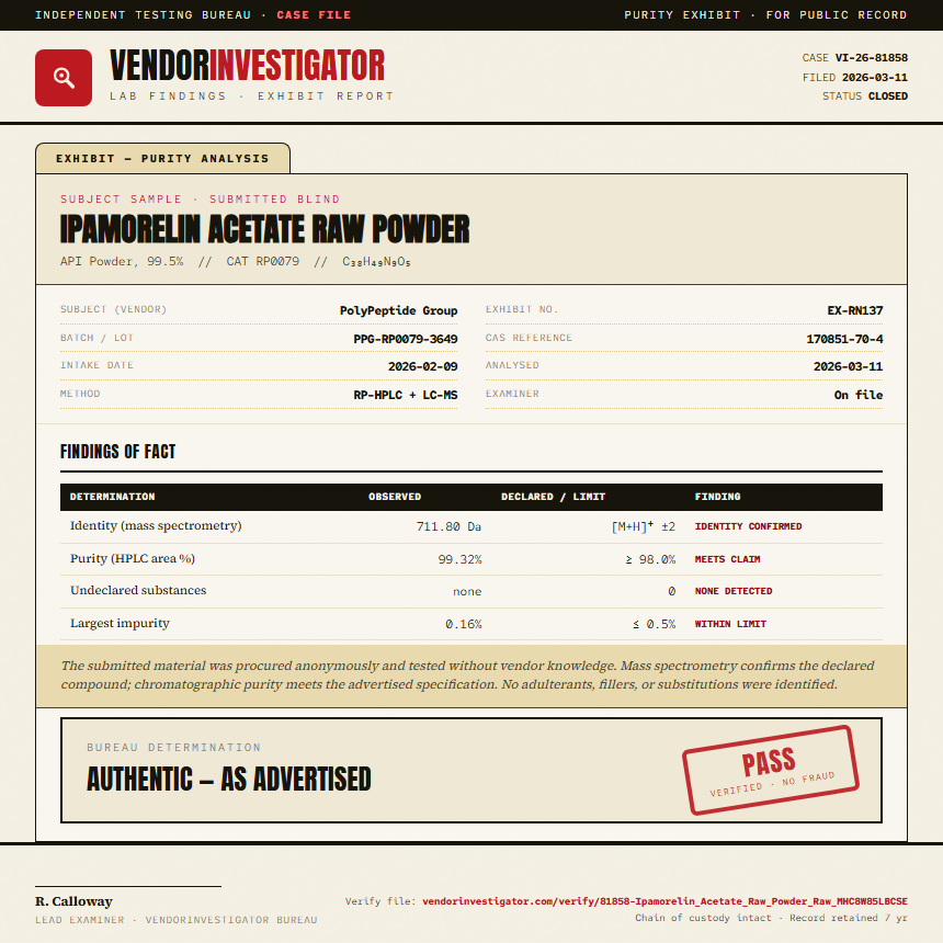 Ipamorelin Acetate Raw Powder Purity (HPLC) report by VendorInvestigator
