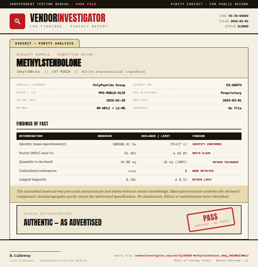 Methylstenbolone Purity (HPLC) report by VendorInvestigator