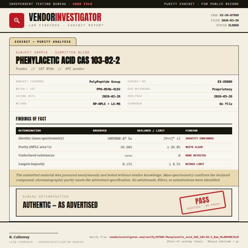 Phenylacetic acid CAS 103-82-2 Purity (HPLC) report by VendorInvestigator