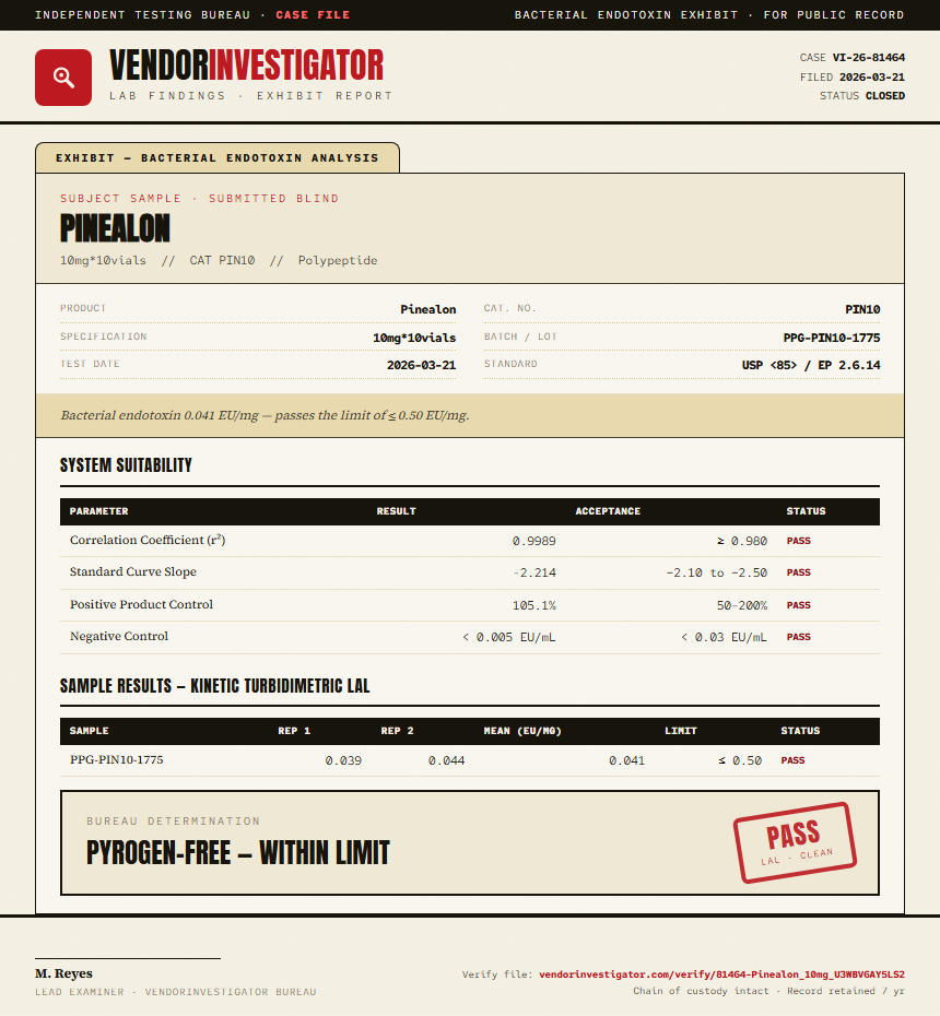 Pinealon Endotoxin report by VendorInvestigator