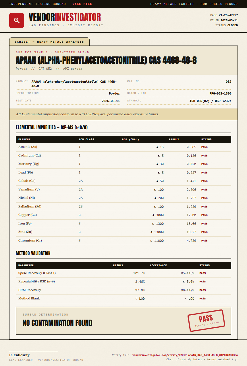 APAAN (alpha-phenylacetoacetonitrile) CAS 4468-48-8 Heavy Metals report by VendorInvestigator