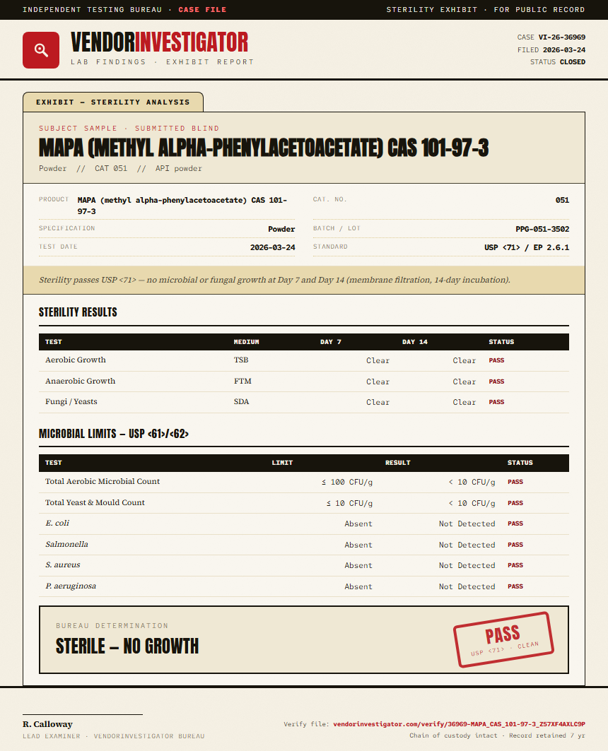 MAPA (methyl alpha-phenylacetoacetate) CAS 101-97-3 Sterility report by VendorInvestigator
