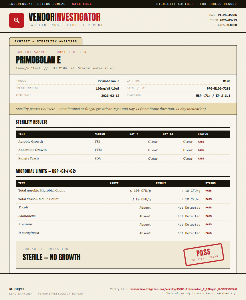 Primobolan E Sterility report by VendorInvestigator